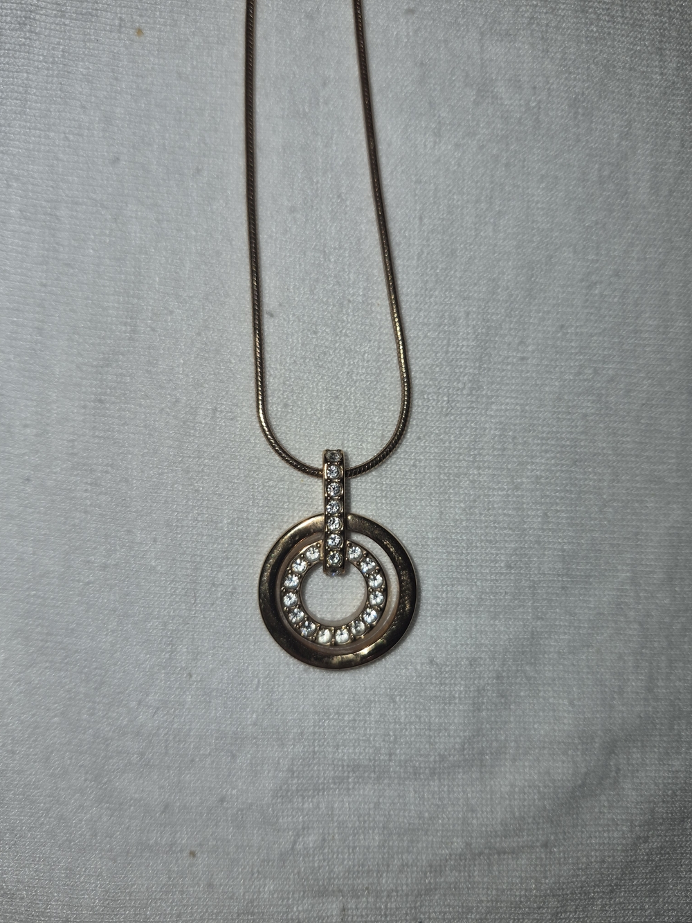 Gold Tone Circle Pendant Necklace with Rhinestones Minimalist Elegant 18”